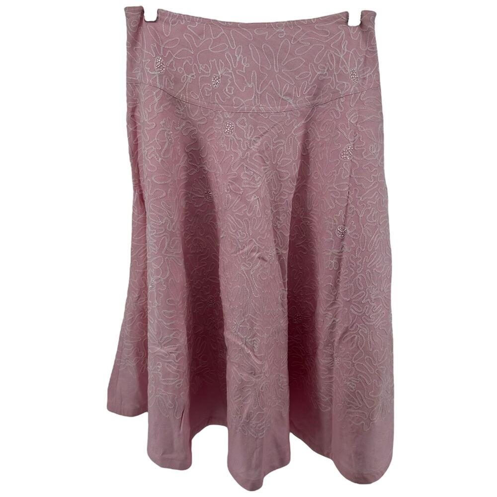 Ann Trinity Linen Skirt Knee Length Floral Stitch Textured A Line Pink 6 30 NWOT